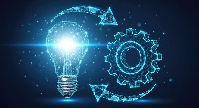 A luminous blue polygonal light bulb and a glowing wireframe gear are interconnected by two curved arrows, positioned centrally against a dark, particle-filled background.