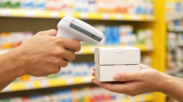 Barcode Scanner and Product Boxes Retail and Pharmacy Inventory Concept in 4K