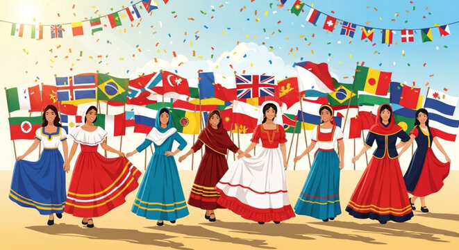 Diverse women in traditional dresses dancing with international flags on a sunny day