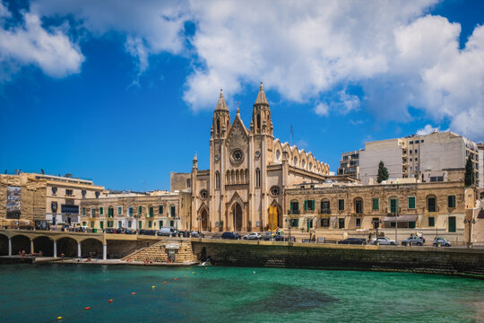 St Julian's, Malta - June 2023: Knisja tal-Karmnu,Parish Church of Our Lady of Mount Carmel located in Balluta Bay.