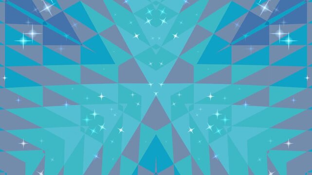 Symmetrical crystalline abstract background showcasing a mesmerizing dance of blue and violet geometric polygons, enhanced with subtle sparkles and a dynamic visual flow