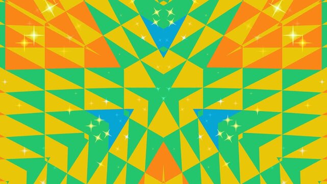 Dynamic kaleidoscope pattern with vibrant geometric shapes and sparkling accents, creating a symmetrical visual background for motion graphics and digital art projects