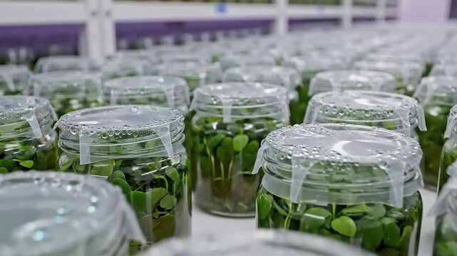Numerous glass jars containing leafy green plantlets cultivated in sterile laboratory setting
