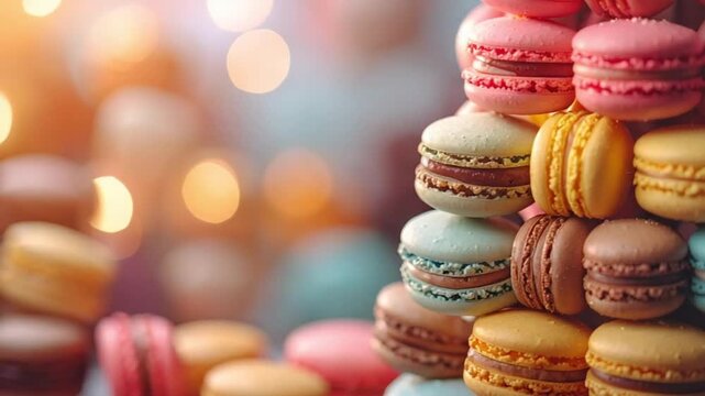 Delicious colorful macarons stacked with warm bokeh lights in background