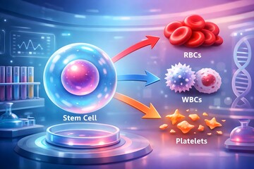 3D Soft Gradient Vector of Stem Cell Differentiation into RBC WBC and Platelets Futuristic Lab Background 