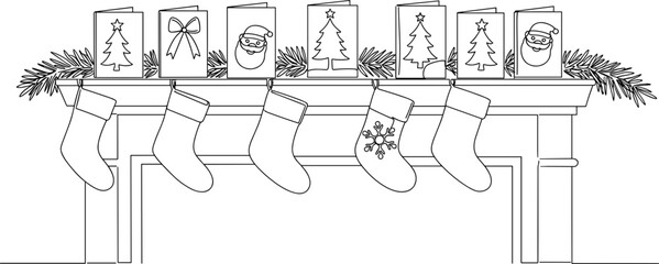 Fototapeta premium Line drawing of a Christmas mantel with stockings and decorative cards on a transparent background
