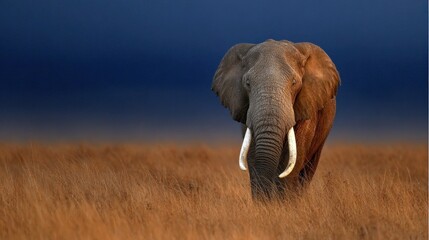 Fototapeta premium Large male elephant approaches directly through tall, golden savanna grass under a deep blue twilight sky