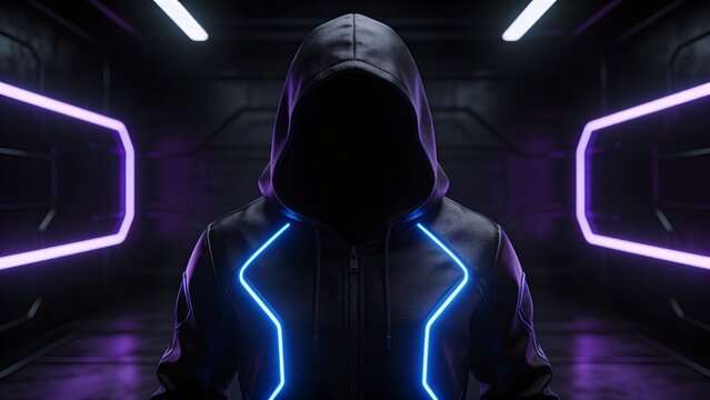 Mysterious anonymous hacker in black hoodie with glowing neon lines, faceless cyber criminal in dark futuristic server room, digital security concept