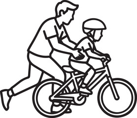 Naklejka premium Man helping child ride bicycle with training wheels outdoors fun