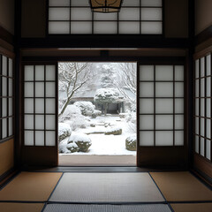 Snowy garden is viewed from traditional Japanese room with tatami mats and shoji screens, creating peaceful and serene winter scene.