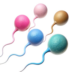 Vibrant colorful sperm cells in various shades moving dynamically