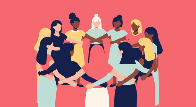 Diverse group of women standing together in a circle embracing unity and support.