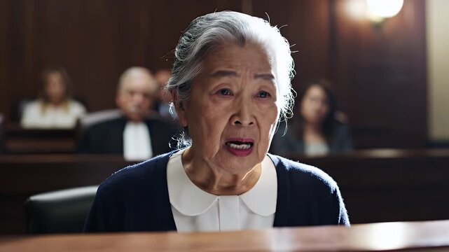 Elderly Asian Woman Testifying Emotionally in Courtroom with Dramatic Lighting and Blurred Background Audience
