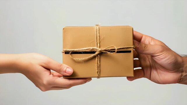 Close up of hands passing eco friendly package with jute string bow on white background, Generative AI Videos.