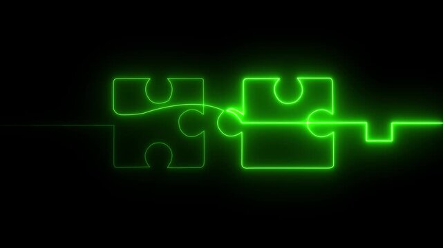 Glowing neon connected puzzle pieces line icon animation on dark background. Bright outline style symbolizing teamwork, partnership, integration, collaboration and problem solving. Modern