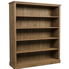 A rustic wooden bookshelf with five open shelves and a simple design isolated on white background