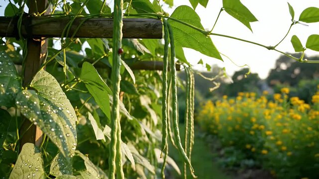 Fresh Green Yard Long Beans Climbing Wooden Trellis in Organic Garden with Yellow Blossoms
