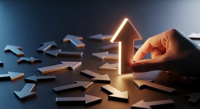 A hand selects a glowing arrow pointing upwards amidst multiple arrows on a dark surface