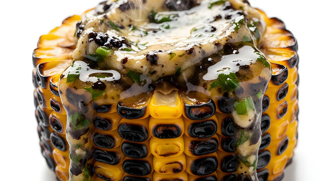 Grilled corn with black garlic butter and glossy melt. Isolated on White background