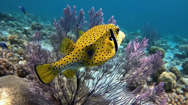 Vivid Yellow Boxfish Gliding Above Colorful Coral Reef in Crystal Clear Tropical Ocean
