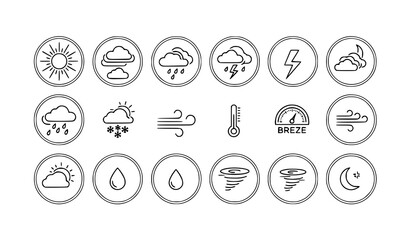 Fototapeta premium Minimal Weather Outline Icons Collection with Sun Cloud Storm Wind Editable Stroke Illustration