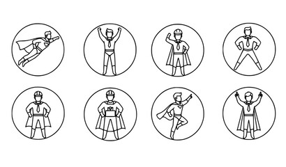 Superhero Business Pictogram Icons with Flying Man Victory Worker Editable Stroke Illustration © Shukimon