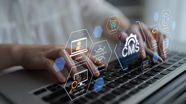 Concept of a Content Management System (CMS). A platform for website administration, digital content creation, workflow management, and e-commerce integration. Fermion