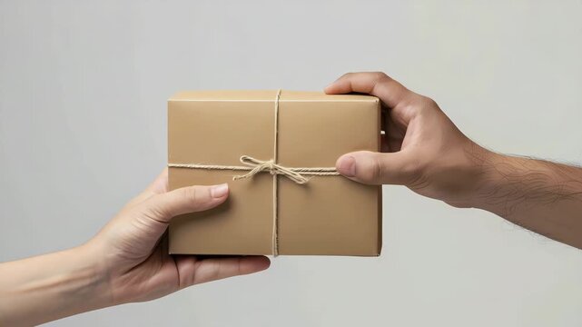 Close up of hands passing eco friendly package with jute string bow on white background, Generative AI Videos.