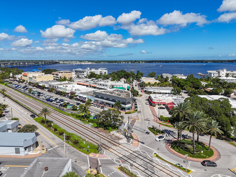 Historic downtown Stuart with railroad tracks running through it in Martin County, Florida. 