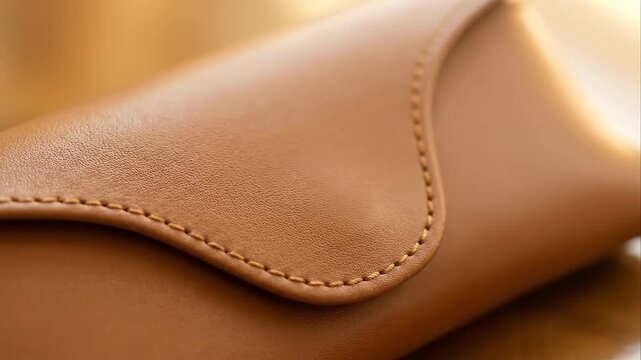 Close up of tan leather eyeglasses case with decorative stitching, luxury accessory for safe and stylish eyewear storage, elegant optical product detail.