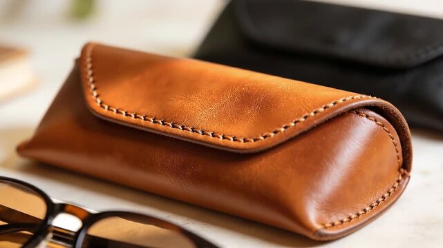 Tan leather eyeglass case and brown sunglasses on marble table, stylish fashion accessory for safe eyewear storage, elegant detail for modern organization.
