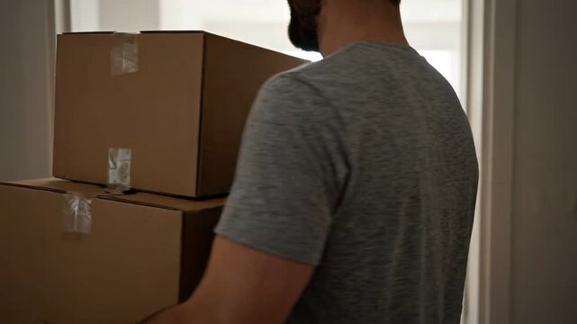 Happy Couple Move Boxes and Plant into New Home, Start New Life Chapter with Joy