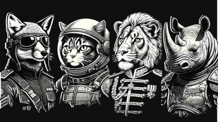 Black and white engraved animal portraits, cat pilot astronaut lion general and rhino warrior, detailed vintage illustration on dark backgroundBlack and white engraved animal portraits, cat pilot astr © Arif