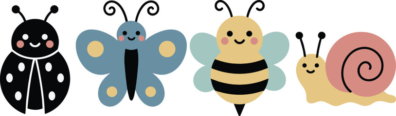 Cute cartoon insect collection, ladybug butterfly bee and snail, colorful flat vector illustration isolated on white background for kids design © Arif