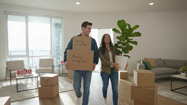 Happy Couple Move Into Their New Home Together, Carrying Boxes and a Potted Plant