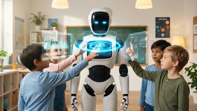 Four attentive schoolchildren in a cheerful classroom explore futuristic touch screens on a friendly humanoid robot, teamwork and hands-on learning with cutting-edge technology in STEM education.