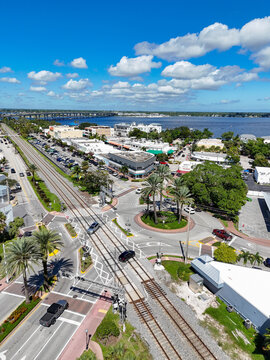Roundabout at the edge of historic downtown Stuart with railroad tracks in Martin County, Florida. 