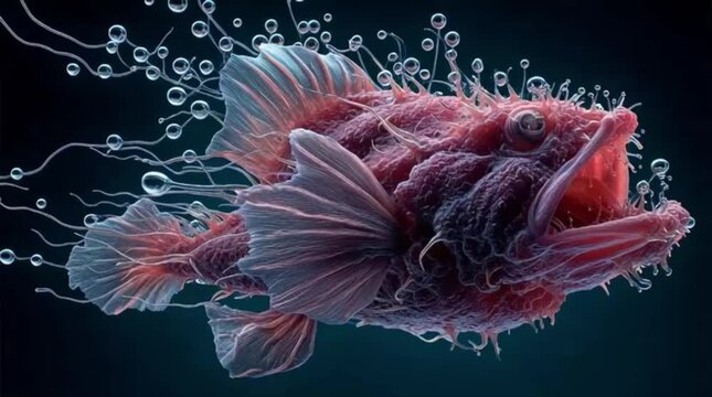 Deep Sea Anglerfish Abstract Creature Swimming with Floating Bubbles Cinematic Horror Pink and Red Bioluminescent Monster 4k Horizontal Orientation Eerie Atmosphere Video