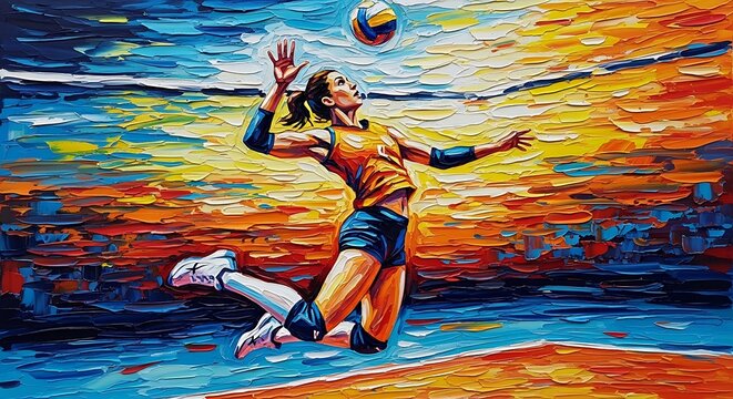 Expressive impasto artwork of volleyball player jumping to spike, dynamic pose, vibrant color splashes, thick canvas texture