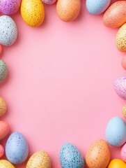 Easter themed pink colored background, with editable space in the middle, colorful easter eggs around the frame