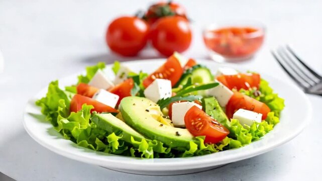 Fresh vibrant salad with avocado, tomato, cucumber, and feta cheese