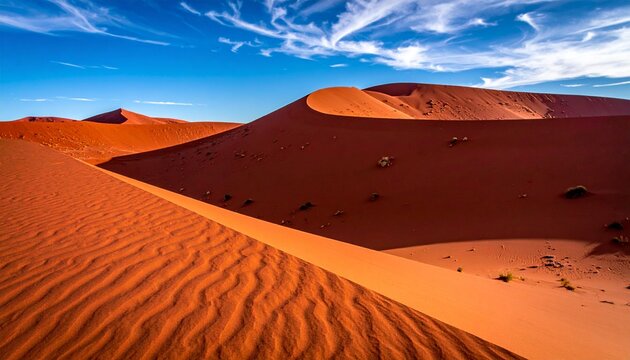 Expansive red sand desert landscape with rolling dunes and bright blue sky, dramatic natural lighting, fine sand patterns, atmospheric depth, minimal composition, high detail.