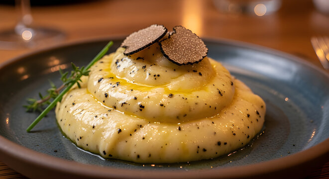Truffle mashed potatoes with glossy butter in cozy indoor setting