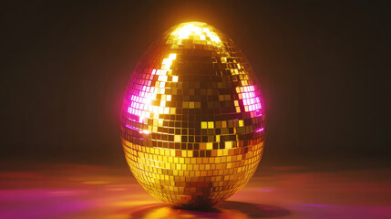 Obraz premium shiny golden Easter egg with disco ball texture reflects light beautifully, creating festive and vibrant atmosphere. Perfect for holiday decorations or themed events