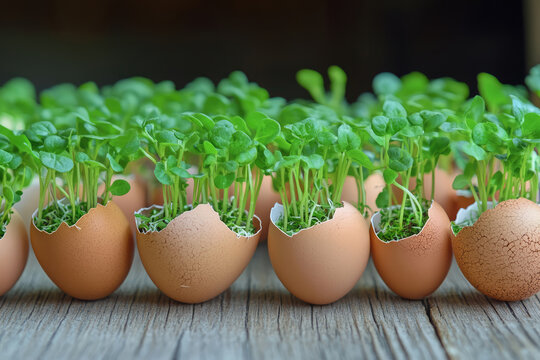 Sprouted greens growing in eggshells on wood surface, close up, healthy food concept