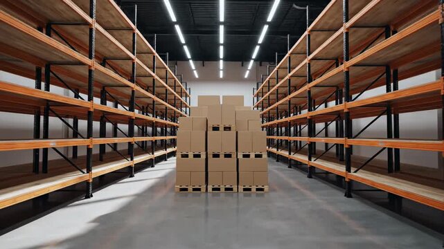 Modern Warehouse Interior with Empty Shelves and Cardboard Boxes for Logistics and E-commerce.