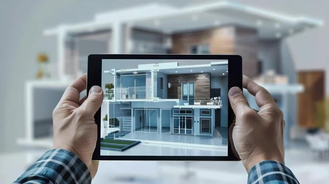Man hands holding digital tablet with virtual tour 360 real estate technology, Generative AI Videos.