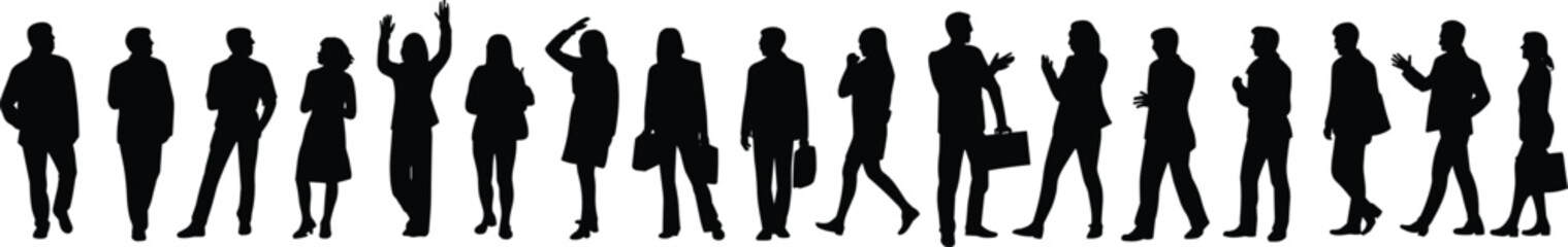 Business people silhouettes collection showing professional men and women standing, walking, talking, greeting and holding briefcases, corporate teamwork and office lifestyle concept © DolanAktar