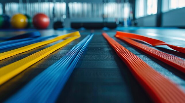 A photo of exercise bands laid out in a gym.