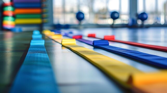 A photo of exercise bands laid out in a gym.